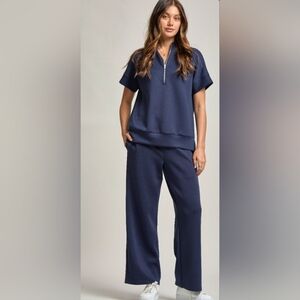 Navy blue short-sleeve half-zip top and matching wide-leg sweatpants lounge Set